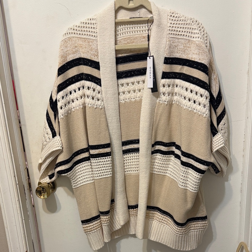 Tahari Beige and Black Striped Cardigan